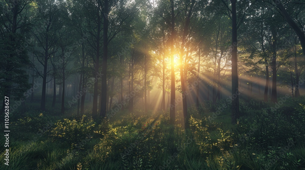 Poster a serene forest scene with sunlight filtering through trees, creating a peaceful atmosphere.