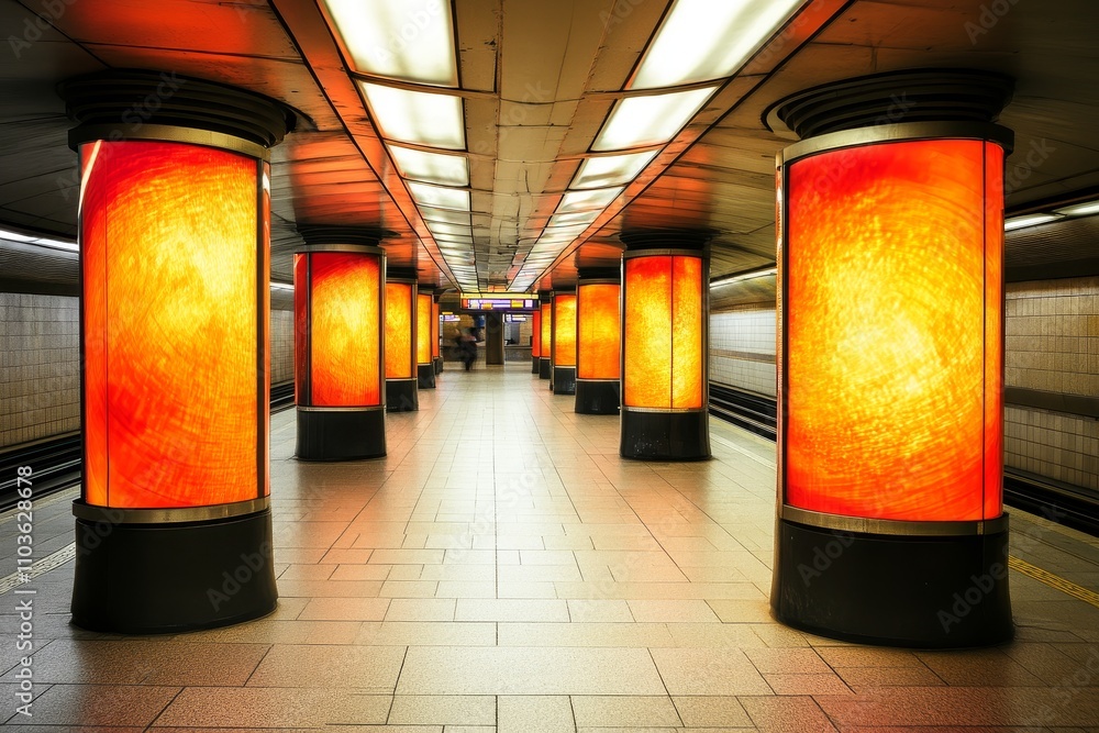 Poster vibrant underground passage with colorful illuminated columns and modern design elements in a subway