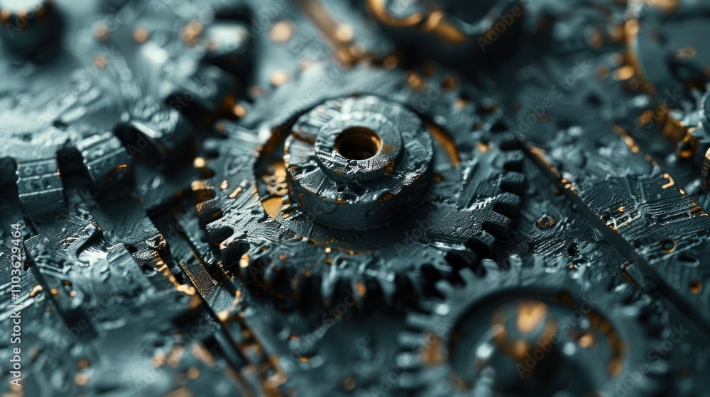 Poster close-up of intricate metallic gears showcasing mechanical design and engineering.