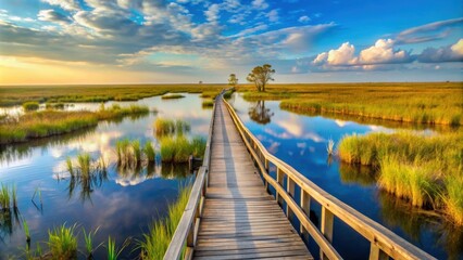 Boardwalk through a serene marsh in Sabine National Wildlife Refuge, Louisiana, nature, wetland