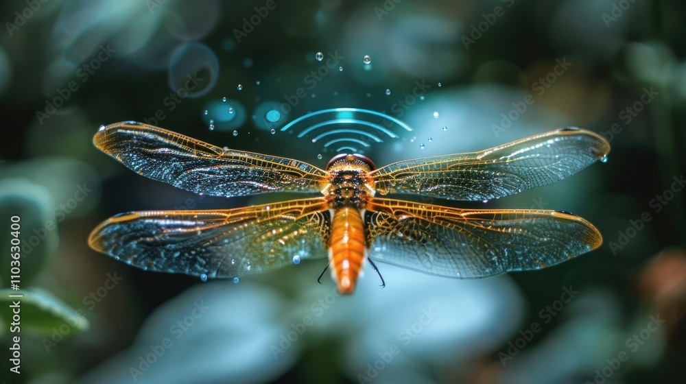 Poster a digitally enhanced dragonfly with glowing wings and a tech-inspired design.