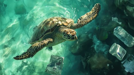 Obraz premium Close-up of a sea turtle swimming near plastic pollution, including bottles and wrappers, in turquoise waters