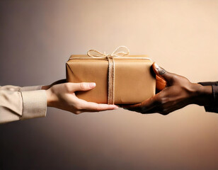 Hands exchanging wrapped gift with twine, concept of giving and receiving presents