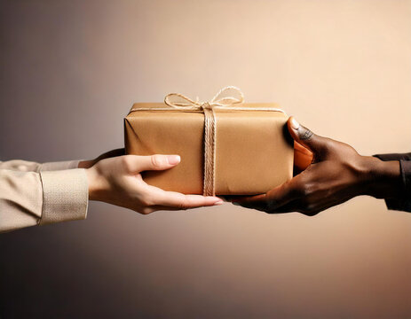 Hands exchanging wrapped gift with twine, concept of giving and receiving presents