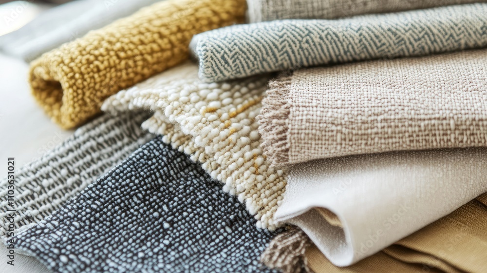 Poster close-up of fabric swatches arranged neatly on a table, featuring soft and textured materials in viv