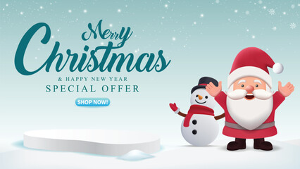 Christmas sale special offer with 3d podium, Santa and snowman on snowy and snowflake on winter season background
