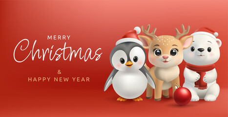 Banner. A 3D cute Christmas animal mascots a penguin, reindeer, polar bear. Festive, red hats, gestures, winter vibes, perfect for greetings and banners. Not AI.