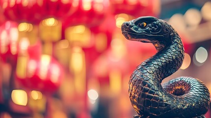 Fototapeta premium Intricate Black Snake Sculpture in a Temple