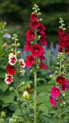 Hollyhock Tall biennial plant producing large colorful flowers often found in cottage gardens