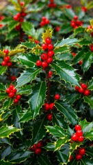 Obraz premium Holly Bush Evergreen shrub with spiny glossy leaves and bright red berries