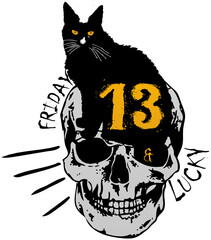 Chat noir 13 tete de mort Tattoo old school style tatouage friday and luck