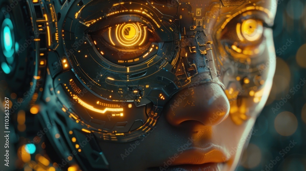 Poster close-up of a futuristic robotic face with glowing circuitry and expressive eyes.