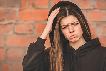 Naklejka premium A young woman with long hair looks confused, touching her head against a brick wall backdrop.