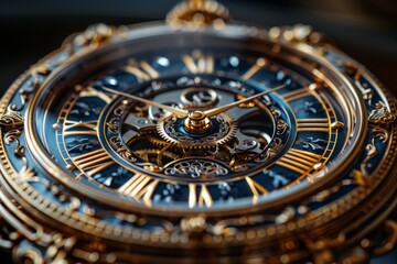 Intricate skeleton clock with gold gears and roman numerals on a dark background