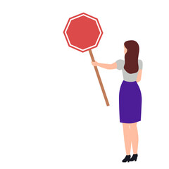 Girl with a red stop sign. Vector simple color flat illustration.