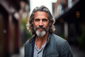 Portrait of a handsome mature man with gray hair and beard in the city