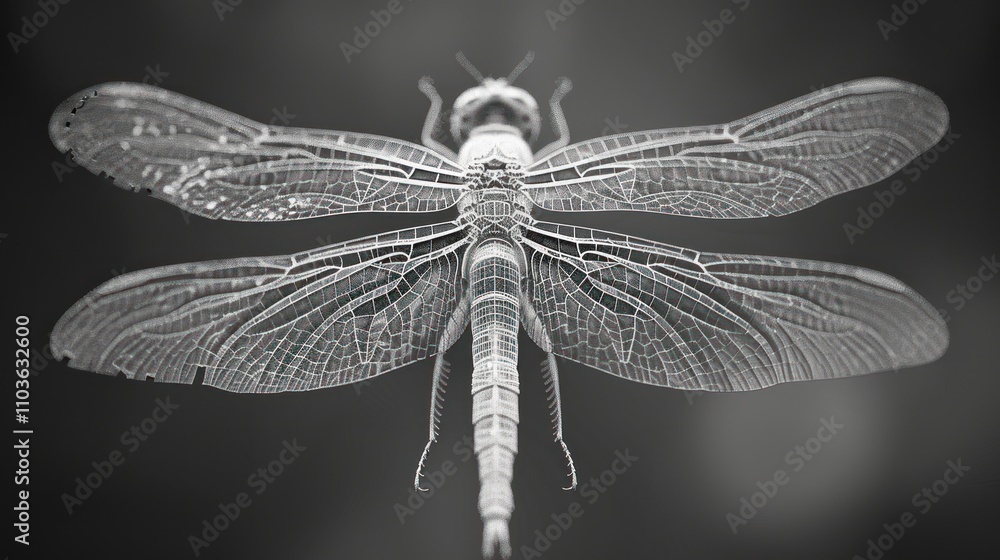 Poster a detailed wireframe representation of a dragonfly showcasing its intricate structure.