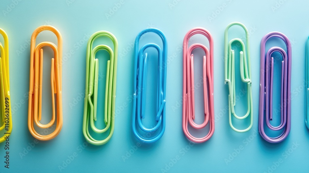 Poster color-coordinated paper clips creating a gradient spectrum on an aqua background