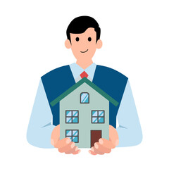 Man holds a house in his hands. Vector simple color flat illustration.