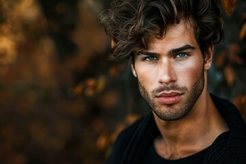 Obraz premium Handsome male model posing with autumn leaves in background