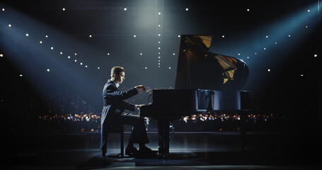 Virtuoso Music Artist Performing on Stage, His Hands Moving Effortlessly Over the Grand Piano....