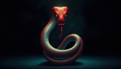 Fototapeta premium Striking Red Cobra Artwork: Captivating Visual of a Circular Snake Design, Perfect for Branding, Merchandise, or Artistic Displays in Gaming and Wildlife Themes