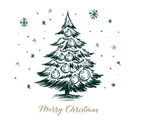 Christmas tree. New Year set. Hand drawn illustration. 
