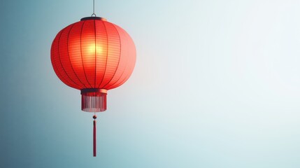 Obraz premium Glowing Red Lantern Isolated on Light Background, Showcasing Chinese Culture and Tradition in a Modern Context with Soft Light and Elegant Design