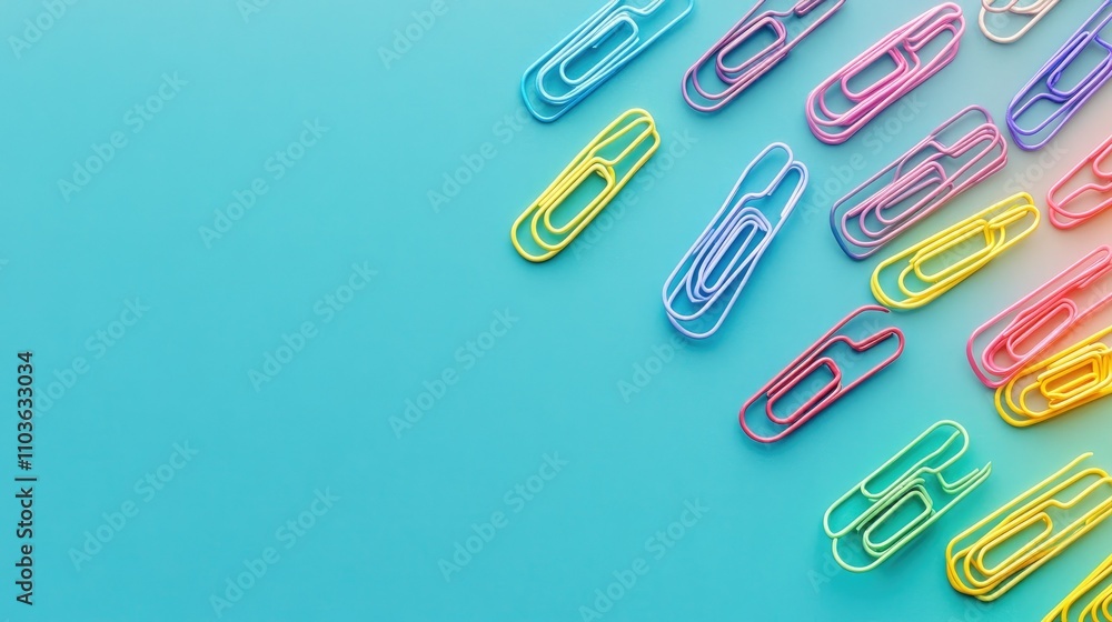 Poster color-coordinated paper clips creating a gradient spectrum on an aqua background