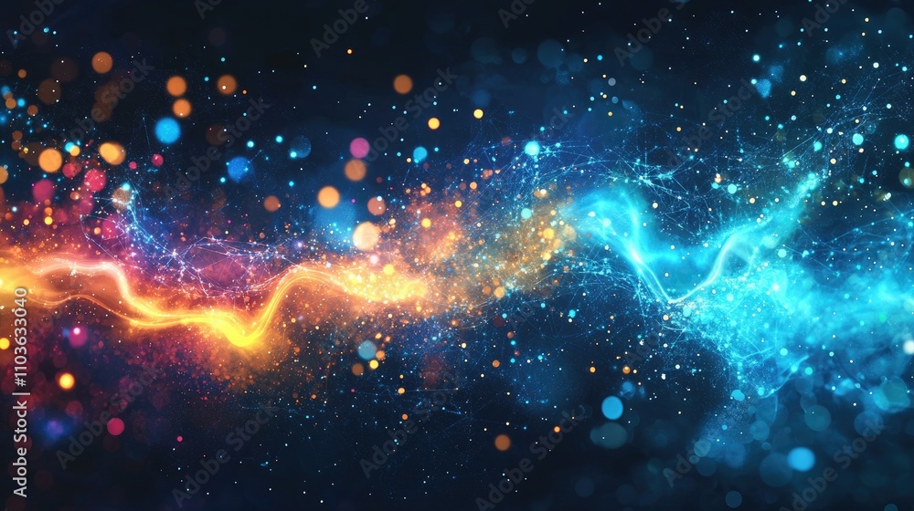 Poster colorful abstract design: merging streams of energy and light representing teamwork and the fusion o