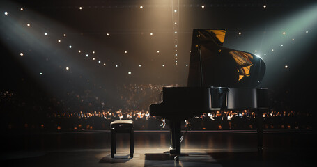 Black Grand Piano Standing on a Concert Stage Under Spotlights. Music Instrument Ready to Be Used...