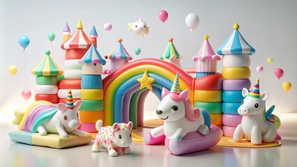 Obraz premium Happy Birthday Kids Celebration Elements for Party Decoration Featuring Funny Toys, Creatures, Bouncy Castle, and Unicorns on a White Background