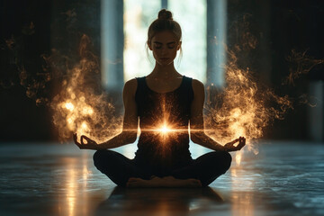 Obraz premium Young caucasian female meditating with fiery aura in dimly lit room