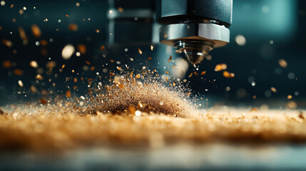 Close-up of CNC machine drilling into wood, scattering sawdust in a workshop setting with precision technology and woodworking tools in focus.