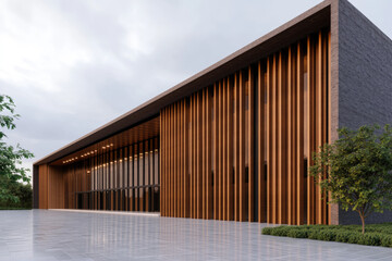Fototapeta premium A modern architectural building with wooden slats and a sleek design, surrounded by greenery and featuring a spacious entrance area.