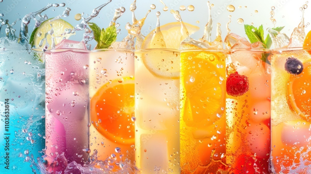 Poster a colorful display of refreshing drinks with splashes and fruit garnishes.