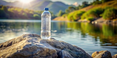 Plastic water bottle standing on a rock near a body of water , plastic, bottle, water, rock, environment