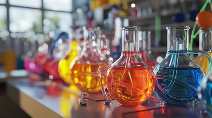 Colorful chemical liquids in flasks interconnected with tubing, arranged on a modern lab bench for an experiment demo.