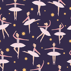 Winter pattern with little ballerinas and stars on violet background. Endless vector texture. Print for women's and kids wear, home textile, greeting, wrapping paper