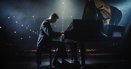 Young Pianist Playing Academic Music, Performing Classical Solo Compositions on Stage. Grand Piano Resounds With Rich, Melodic Tones of a Romantic Ballad, Pianist Filling Each Chord with Nostalgia © Gorodenkoff