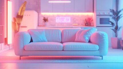 A modern living room，representing an advanced and connected lifestyle. The background is blurred, with a white color theme and a wide shot, in the style of hyper-realistic photography. 