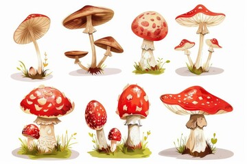Set of eight mushrooms growing in the grass