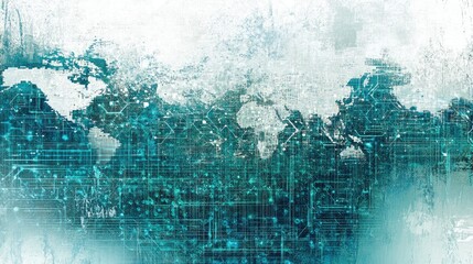 A conceptual world map with holographic layers representing digital networks, circuits, and connections; mixed-media, glowing teal and white, fine detail