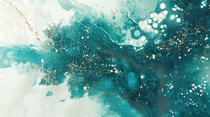Fototapeta premium A conceptual world map with holographic layers representing digital networks, circuits, and connections; mixed-media, glowing teal and white, fine detail