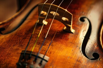 Close up of bridge and strings on an antique cello showing fine craftsmanship