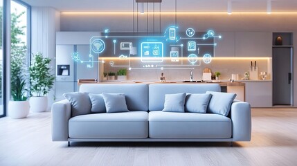A modern living room，representing an advanced and connected lifestyle. The background is blurred, with a white color theme and a wide shot, in the style of hyper-realistic photography. 