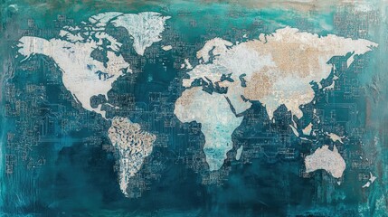 A conceptual world map with holographic layers representing digital networks, circuits, and connections; mixed-media, glowing teal and white, fine detail