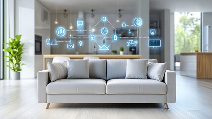 A modern living room，representing an advanced and connected lifestyle. The background is blurred, with a white color theme and a wide shot, in the style of hyper-realistic photography. 