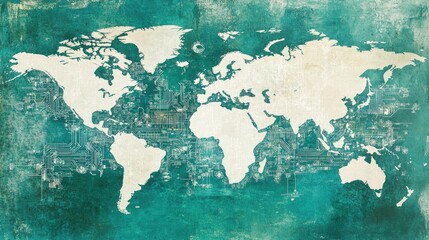 A conceptual world map with holographic layers representing digital networks, circuits, and connections; mixed-media, glowing teal and white, fine detail