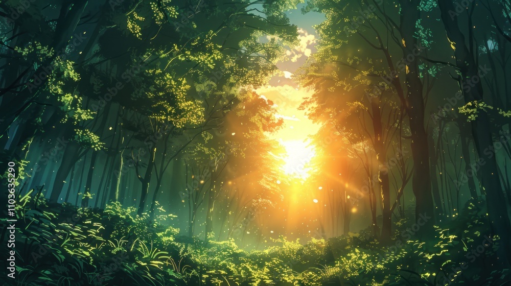 Poster a serene forest scene illuminated by sunlight filtering through trees, creating a magical atmosphere